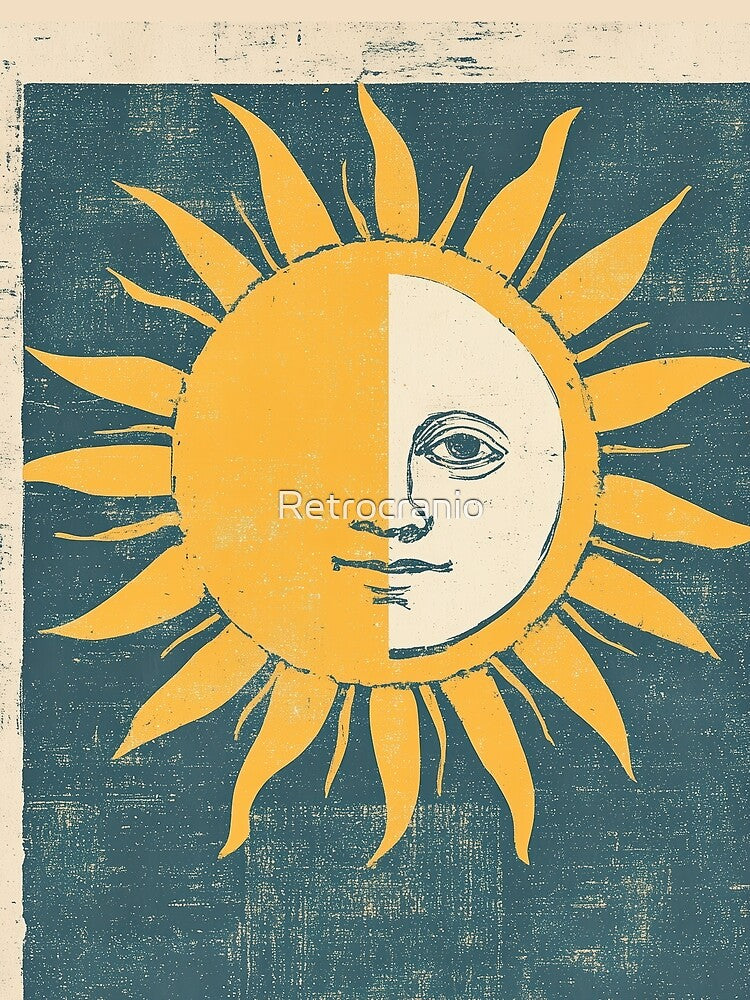 Vintage Half Sun Face Art – Mystical Celestial Illustration by Retrocranio