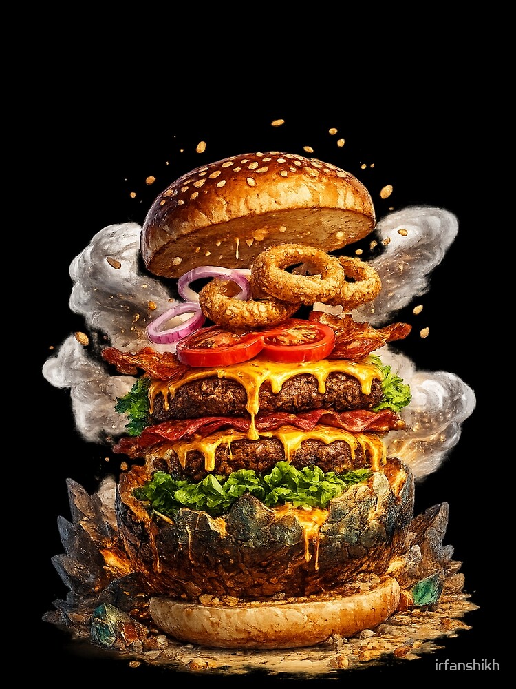 Explosive Layered Burger: Dramatic Onion Rings Stack Burger Art by irfanshikh