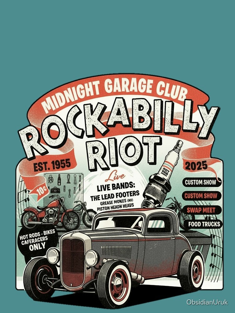 Rockabilly Riot Hot Rod Garage Club T-Shirt | Vintage Custom Car & Rockabilly Culture Design by ObsidianUruk