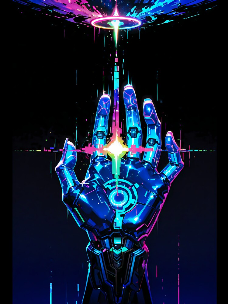Cybernetic Hand Reaching for Neon Energy Portal – Sci-Fi Tech Glitch Art by Xynith