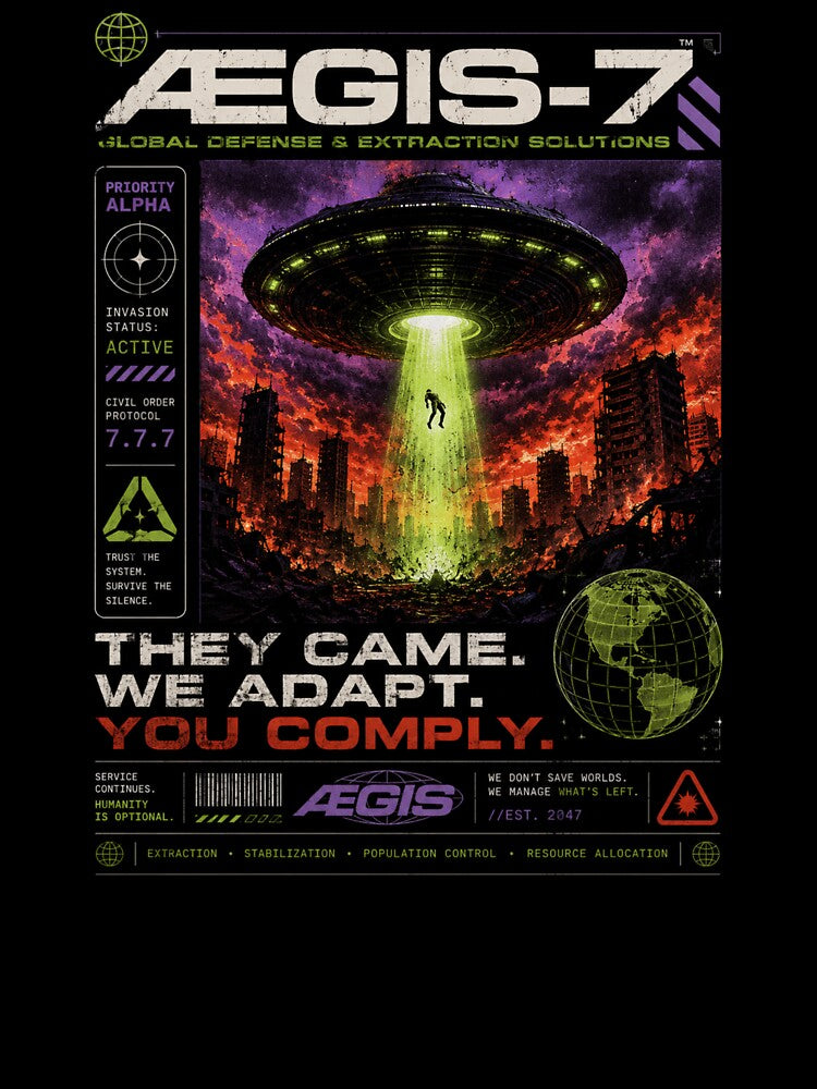 AEGIS-7 Alien Invasion Sci-Fi Dystopian Poster Style T-Shirt by TheClockOutClub