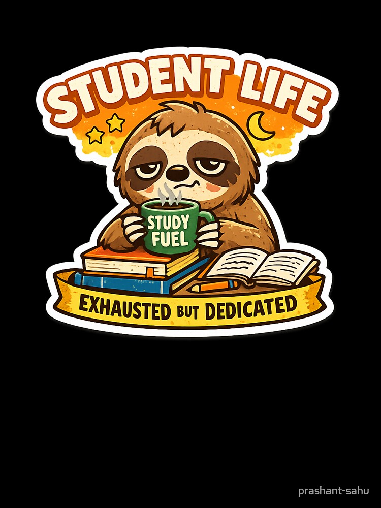 Funny Student Life Sloth Sticker Exhausted But Dedicated Study Meme College Humor by prashant-sahu