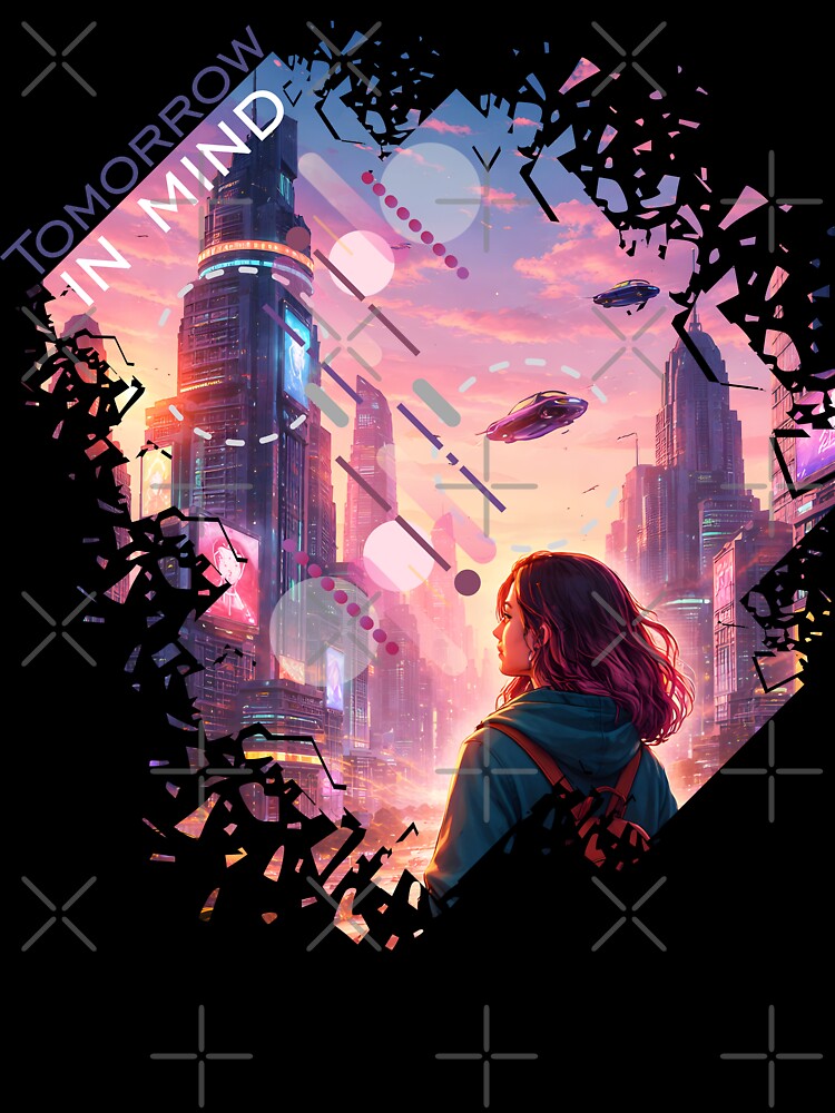 A futuristic cyberpunk city at sunset with a young woman by GraphicComet