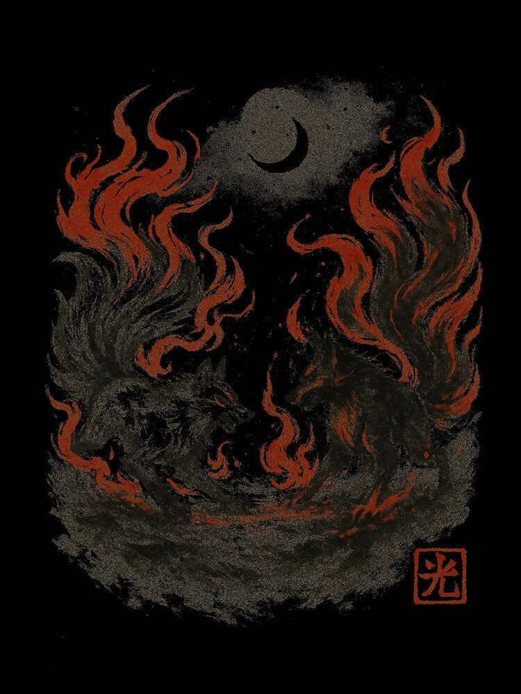 Kitsune Duel Under Moon with Foxfire Flames by Hikadezain