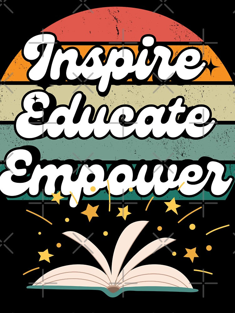 Inspire, Educate, Empower, Retro Sunset and Open Book by Mariana Piana