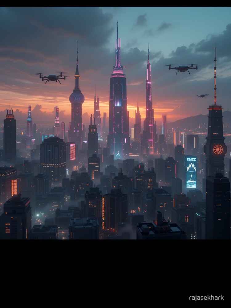 Dystopian Skyline with AI Surveillance & Holograms by rajasekhark