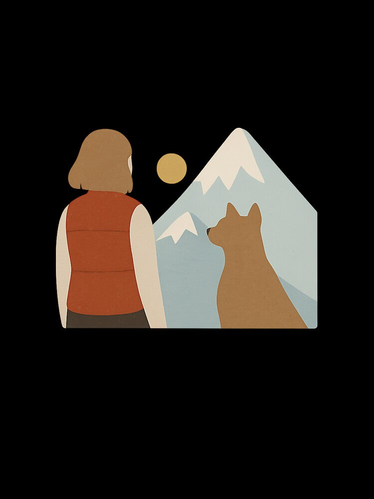 Woman and Dog Looking at Mountains Illustration by Wandertrace