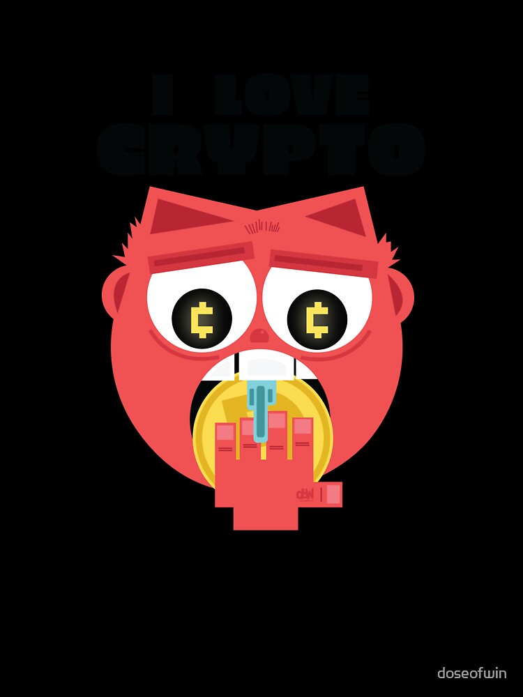 I Love Crypto Devilish Emoji Face Eating Cryptocurrency Coin Funny Animated Design by doseofwin