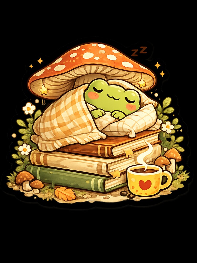 Sleeping Frog Sticker - Cute Cozy Mushroom Frog by FluffiPopo