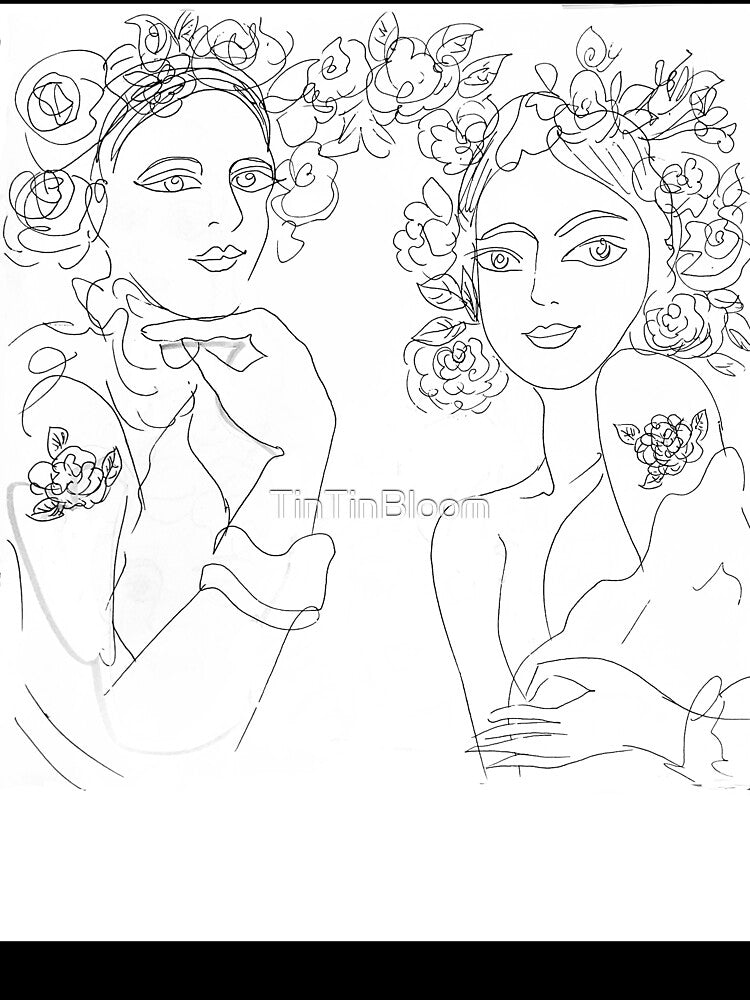 Flower Crown Twin Women Line Art by TinTinBloom