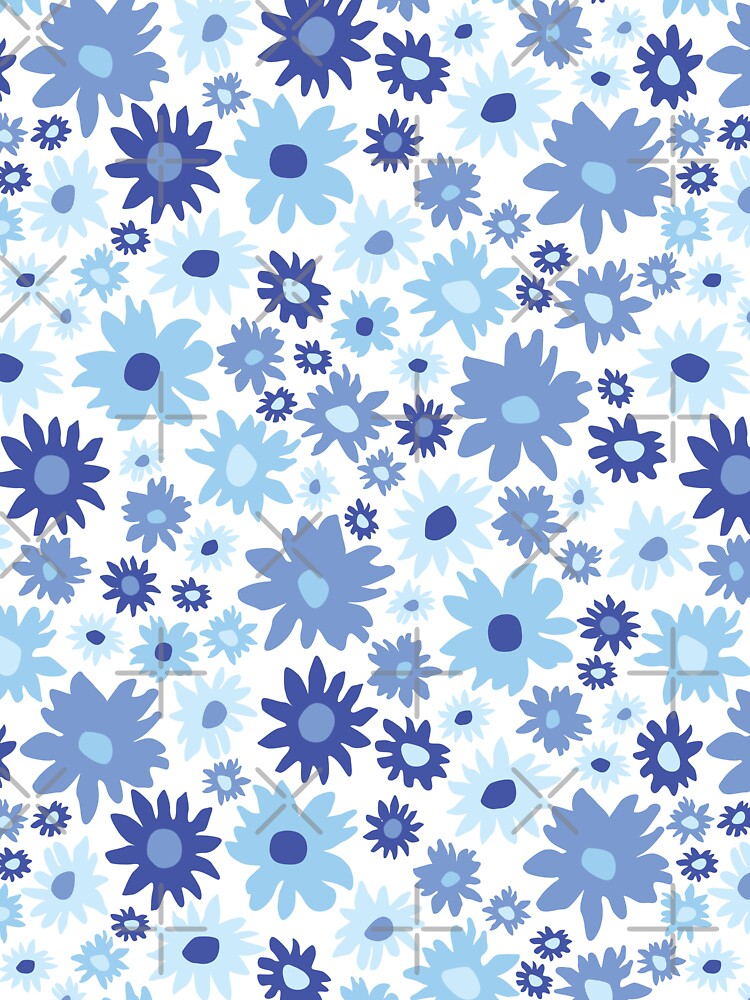 RETRO GROOVY AND FUN FLOWERS WHITE AND BLUE by blomastudios