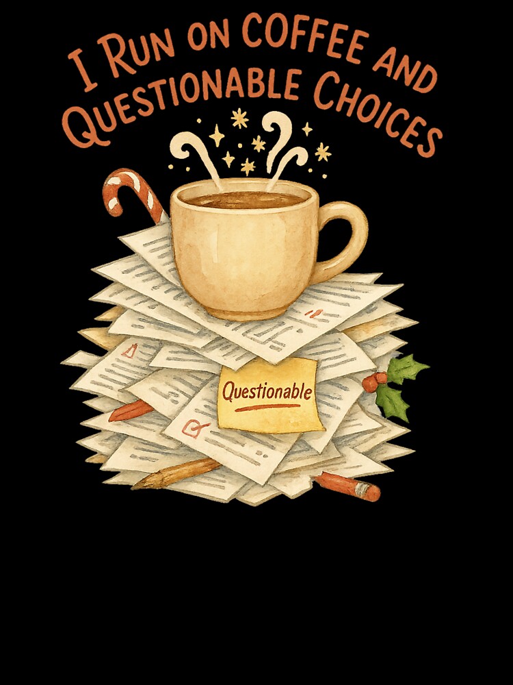 I Run on Coffee and Questionable Choices | Funny Teacher Christmas Coffee | Grading Papers Humor Watercolor Design by Just You Tee | Say It Loud, Wear It Proud