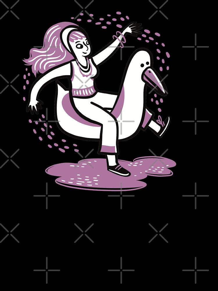 a girl riding a giant duck or goose by jasmineberry