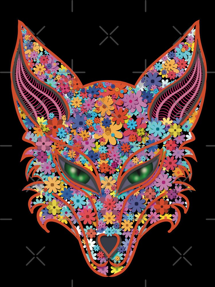 Floral Fox Art – Vibrant Flower Fox Head with Green Eyes by Elizarfa