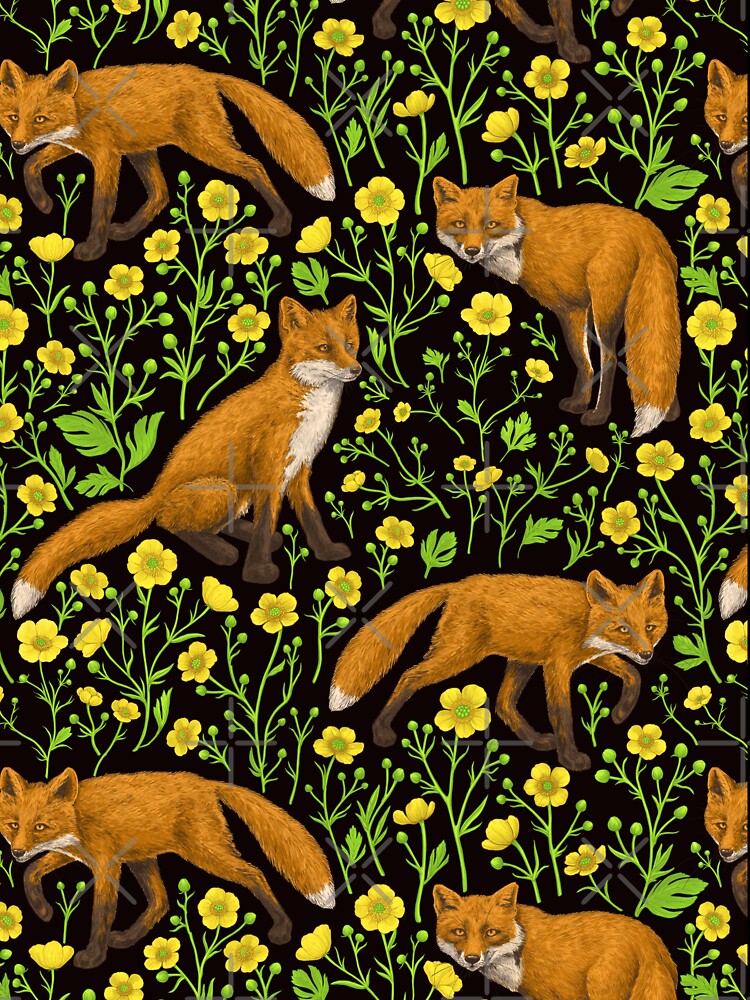 Foxes and buttercups on black by Katerina Mitkova Kirilova