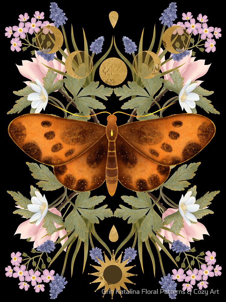Bright mystical print featuring a symmetrical orange moth, meadow wildflowers, lavender, and a shining golden sun. A beautiful embodiment of astrology and woodland secrets. by Grin Katalina Floral Patterns & Cozy Art