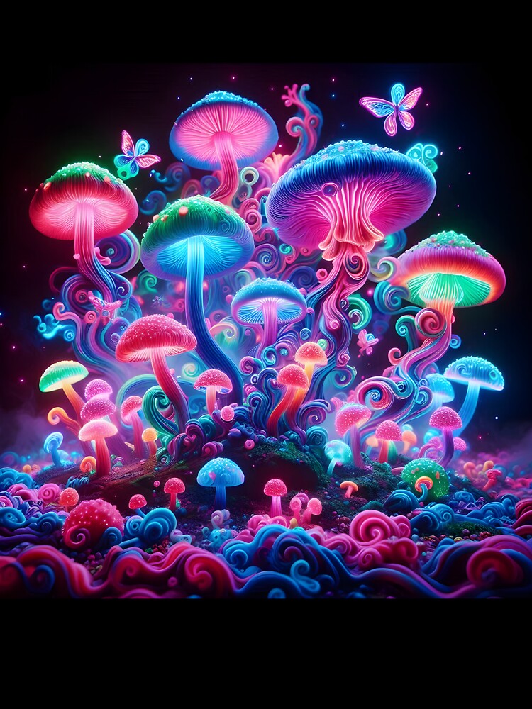 Neon Psychedelic Mushrooms - Trippy Glowing Fantasy Forest by Sybille-Yates