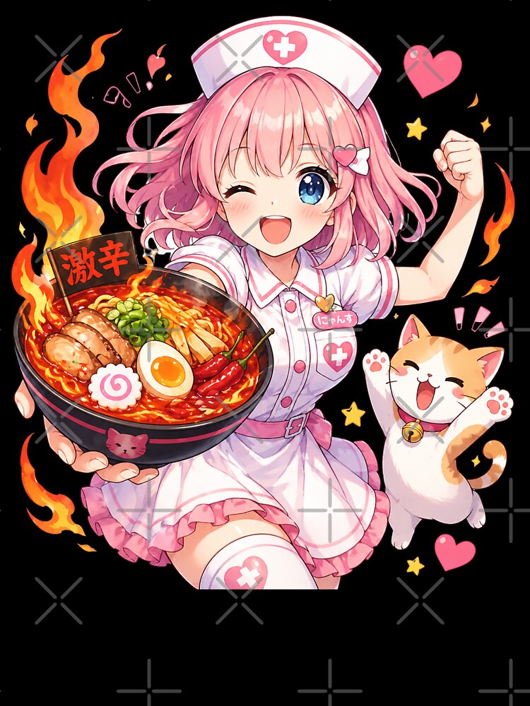 Cat Lover Funny Motivational Kawaii Strong Anime Nurse Eating Spicy Ramen Gift by Im-Ara