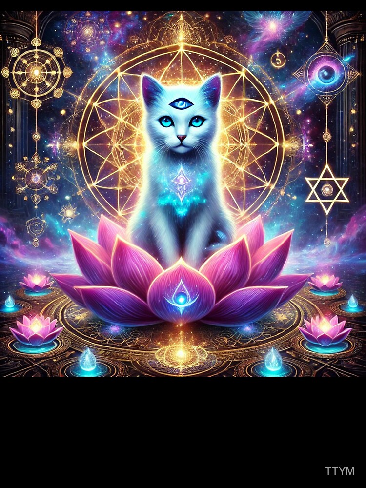 Third Eye Cosmic Cat on Lotus – Spiritual Galaxy Geometry Art by TTM Inspirational