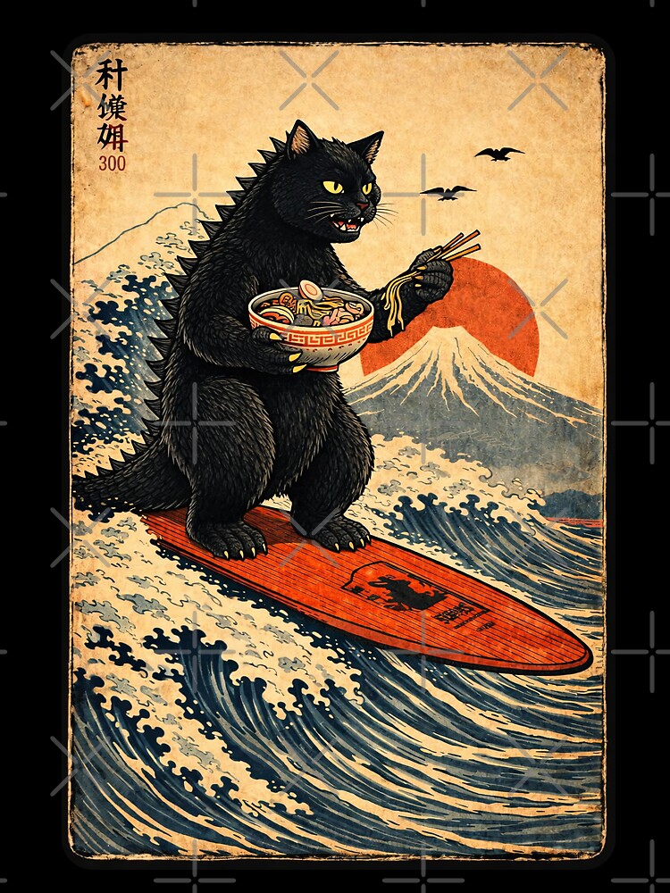 Catzilla Surfing the Great Wave whilst eating ramen noodles by keytee