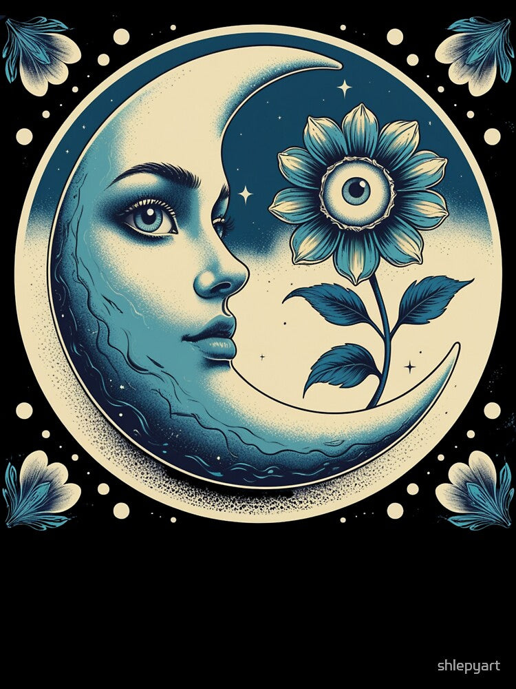 Retro Psychedelic Moon Face Sticker – All-Seeing Flower Art by shlepyart