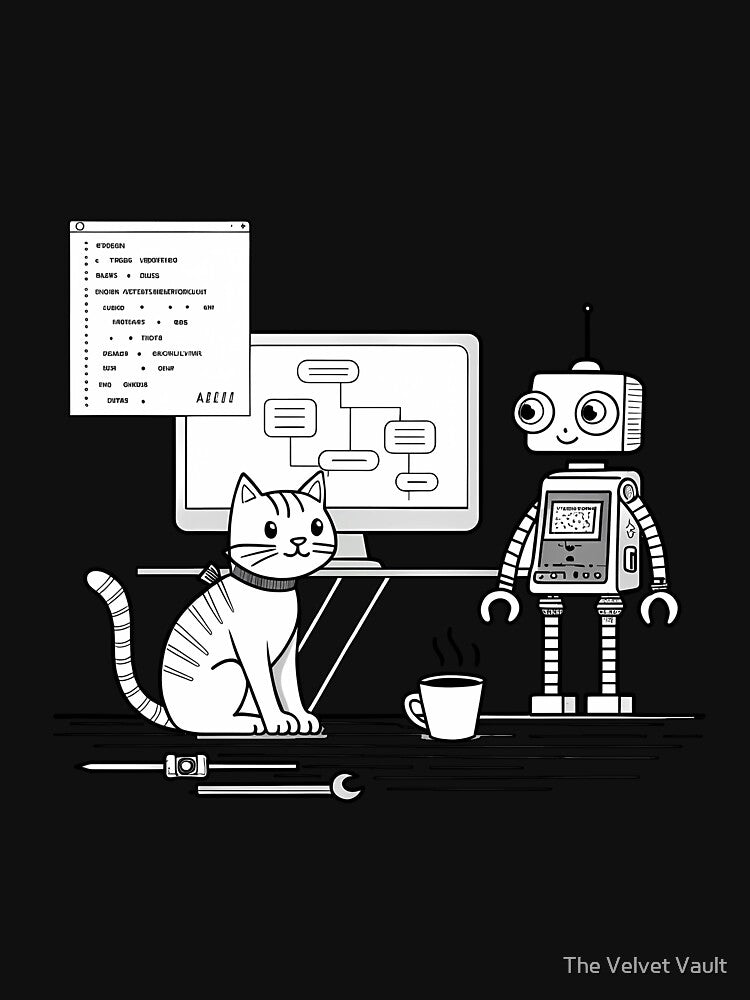 Cute Cat Programming Robot – Funny AI & Coding Art for Students & Developers by The Velvet Vault