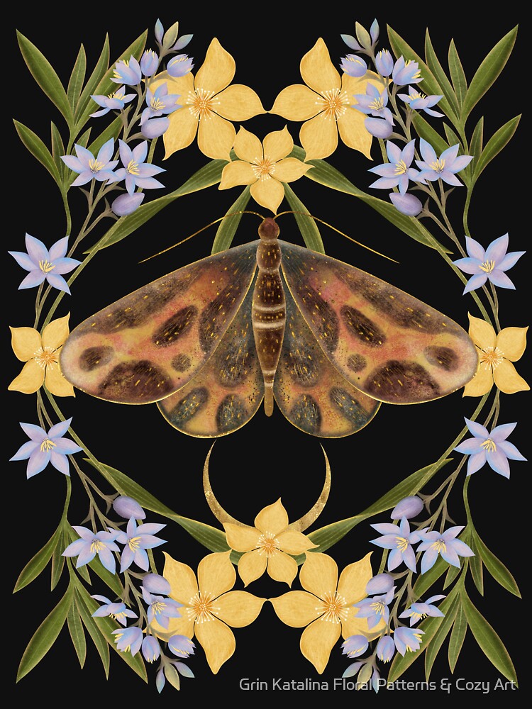 A moody and sophisticated botanical piece featuring a rich, dark-winged moth framed by elegant lavender and yellow blossoms. by Grin Katalina Floral Patterns & Cozy Art