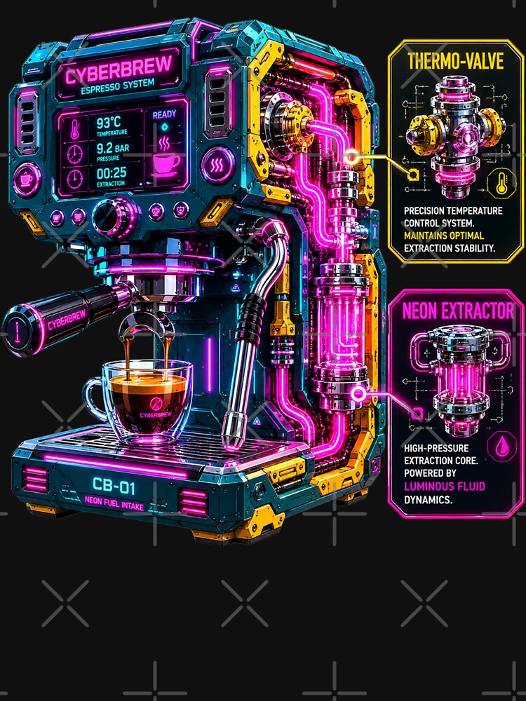 Cyberpunk Neon Industrial Espresso Machine Schematic by MarVan-Prints