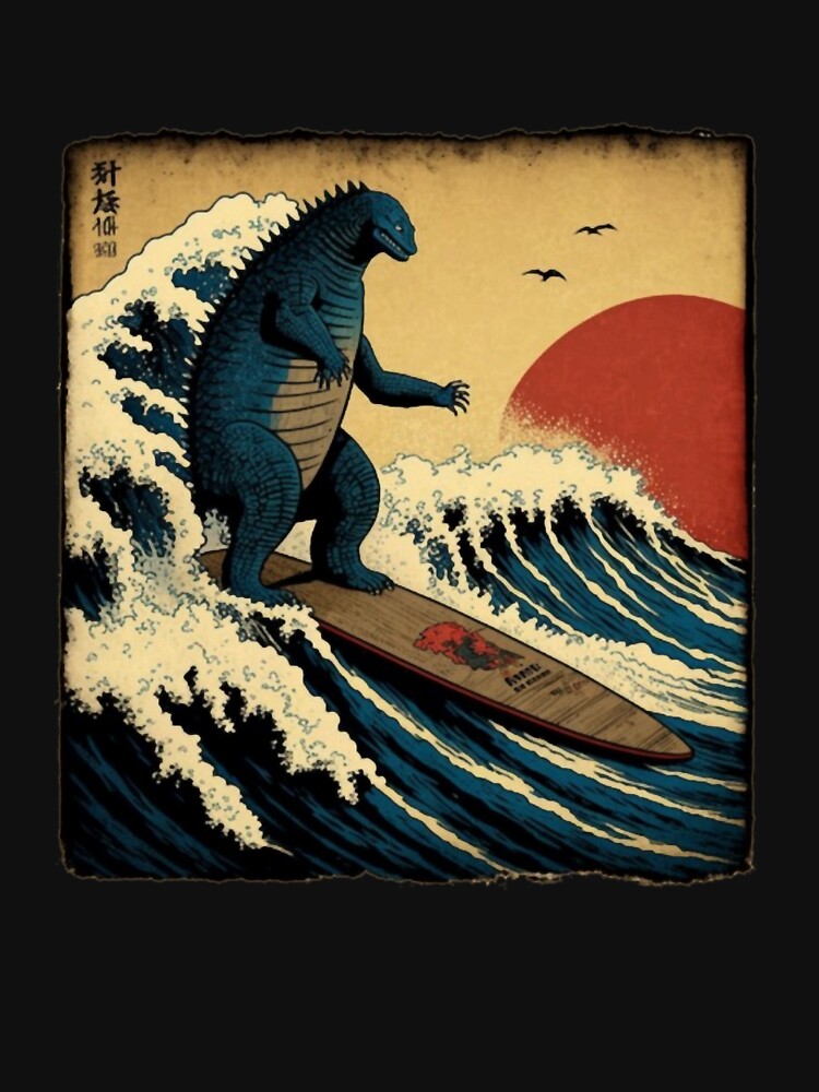 Godzilla Surfing The Great Wave by Hokusai Funny Parody by ShakethaRobin