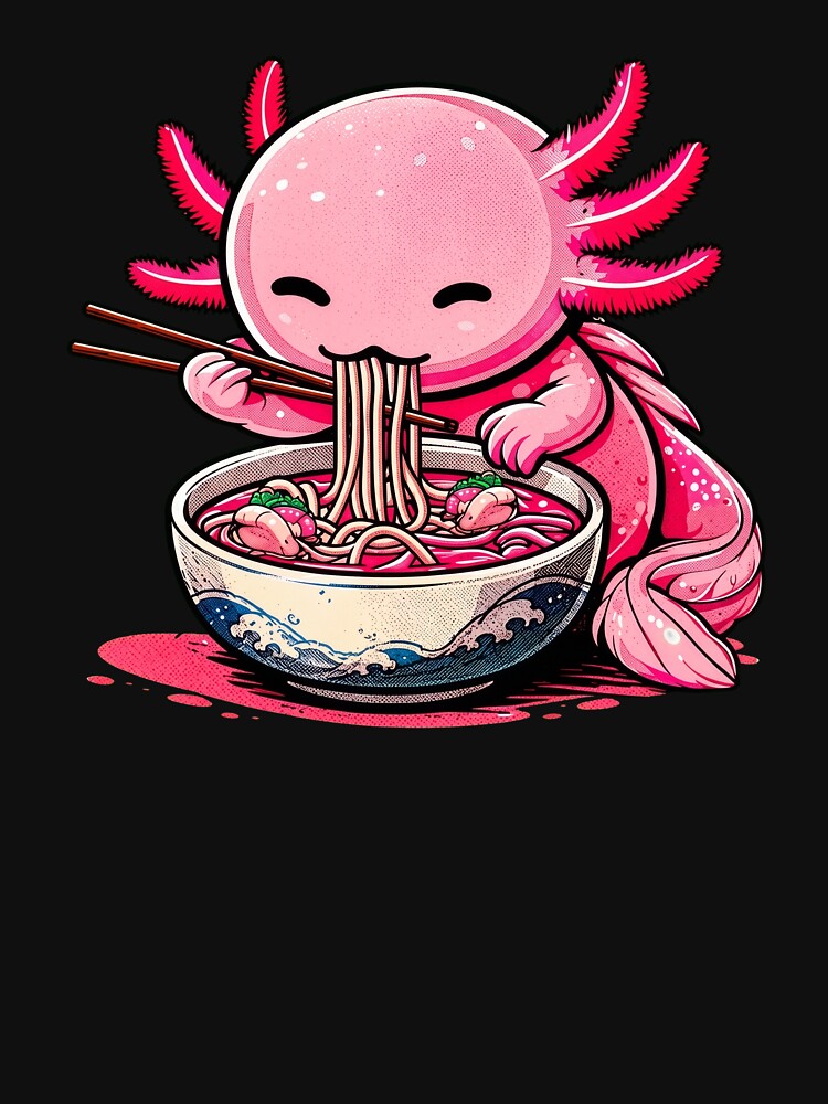 Cute Pink Axolotl Eating Japanese Ramen Noodles Kawaii by Vermanartist