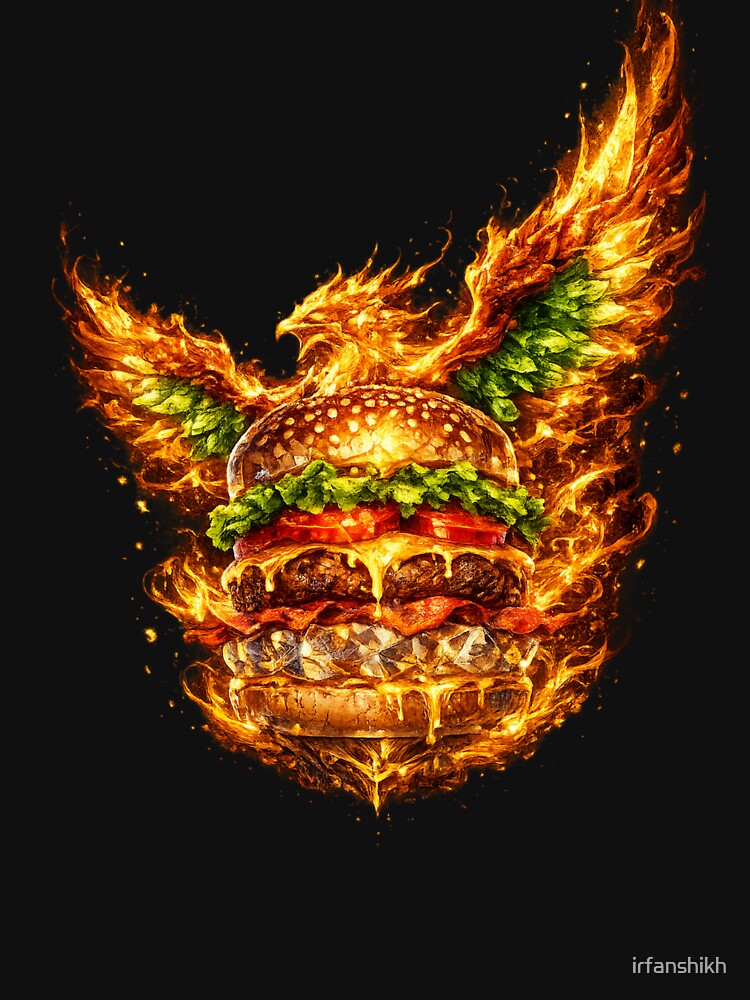 Fiery Angel Wings Burger: Phoenix Fire Cheeseburger Dramatic Wings Art by irfanshikh