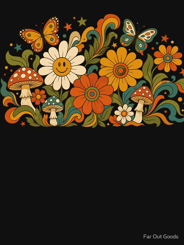 Retro 70s Boho Hippie Groovy Floral Mushroom & Butterfly Art by Far Out Goods