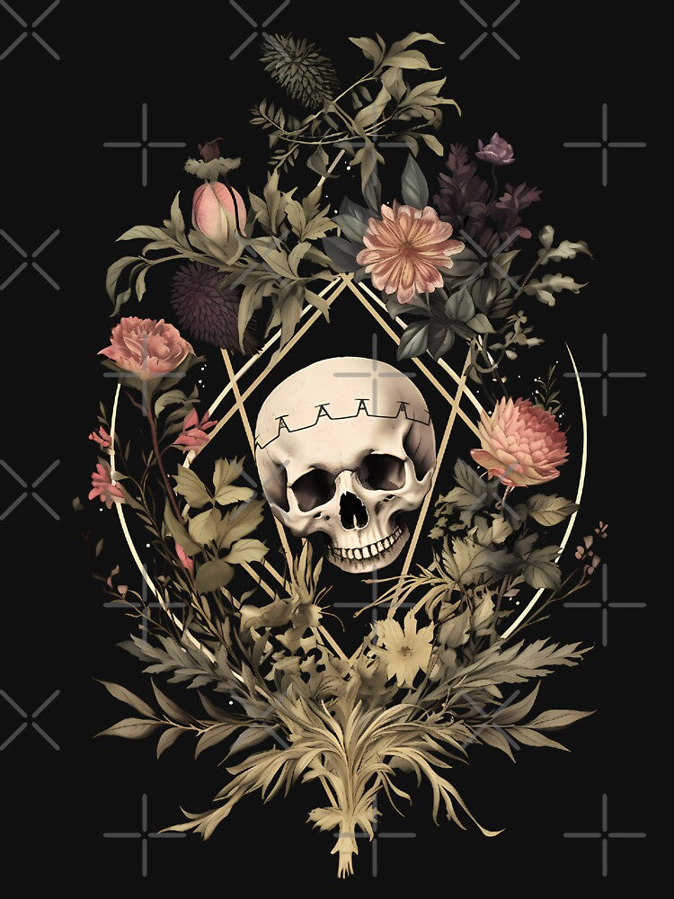 Dramatic Victorian Skull and Flowers Botanical Art by Enyr