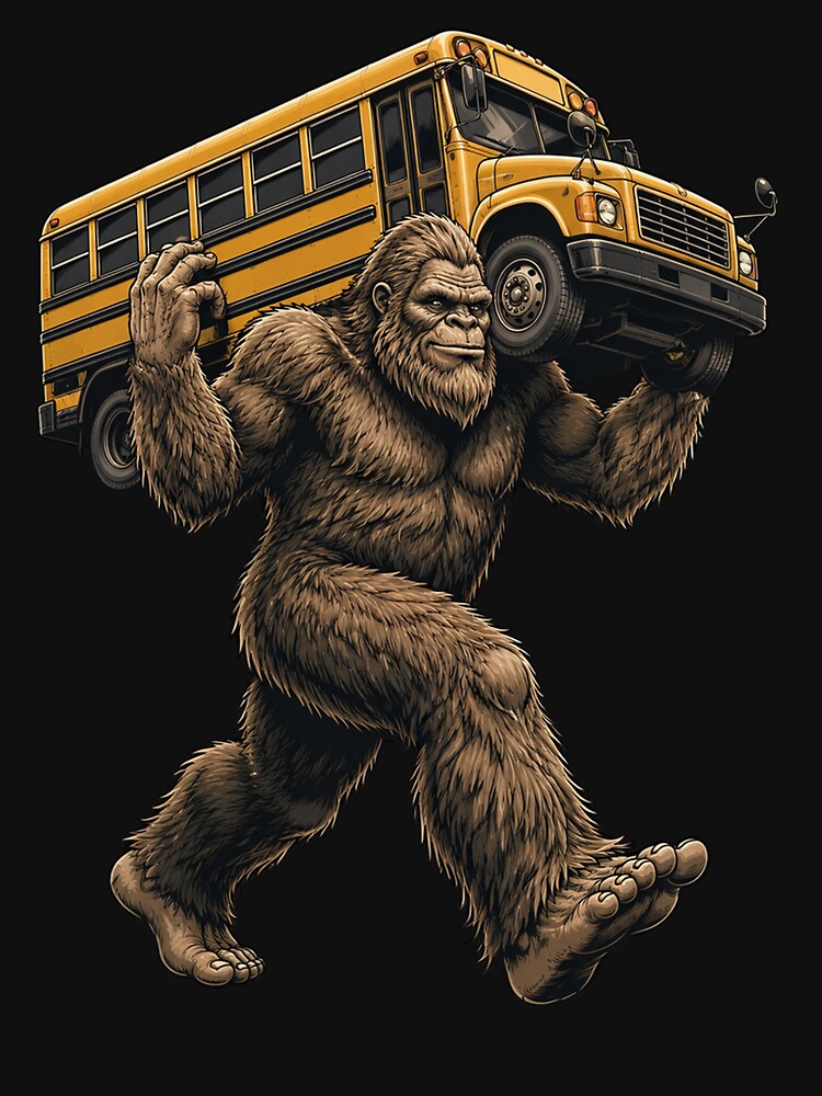 Bigfoot Carrying School Bus Funny Sasquatch Back to School by OlakunleOloroz
