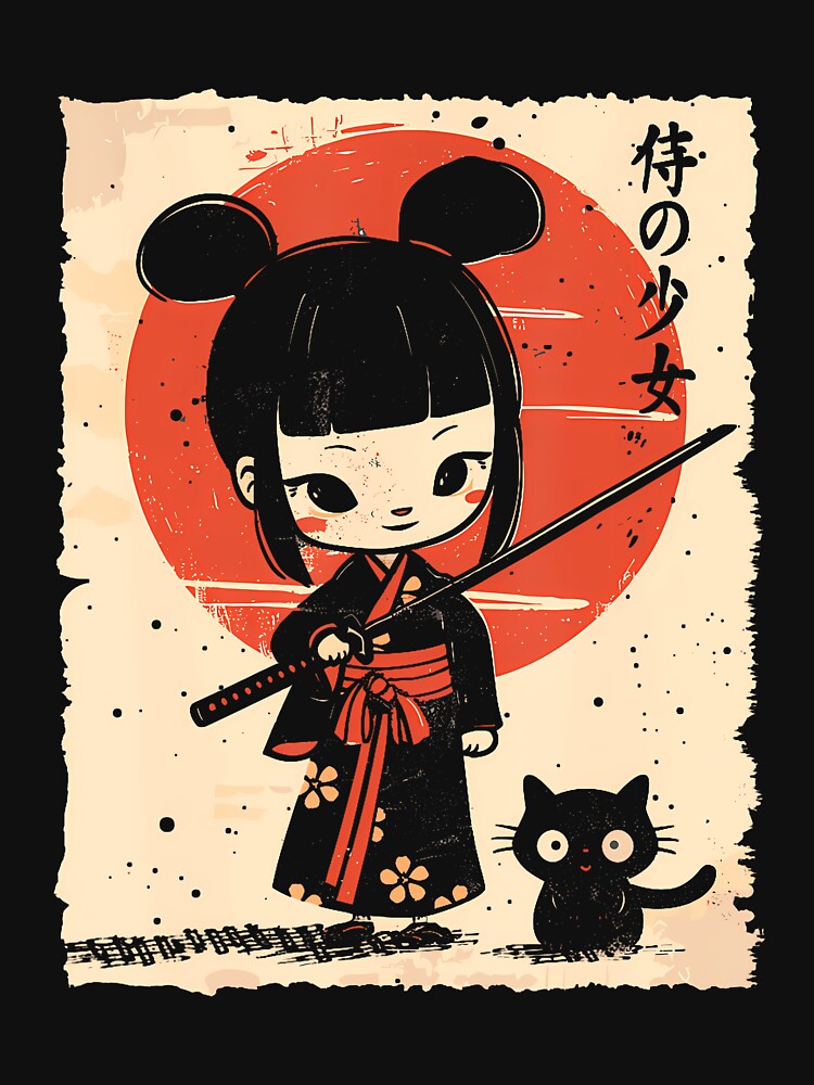 Cute Kawaii Samurai Girl With Katana  Cat Japanese Anime T-Shirt (2) by GabrielaPeterse