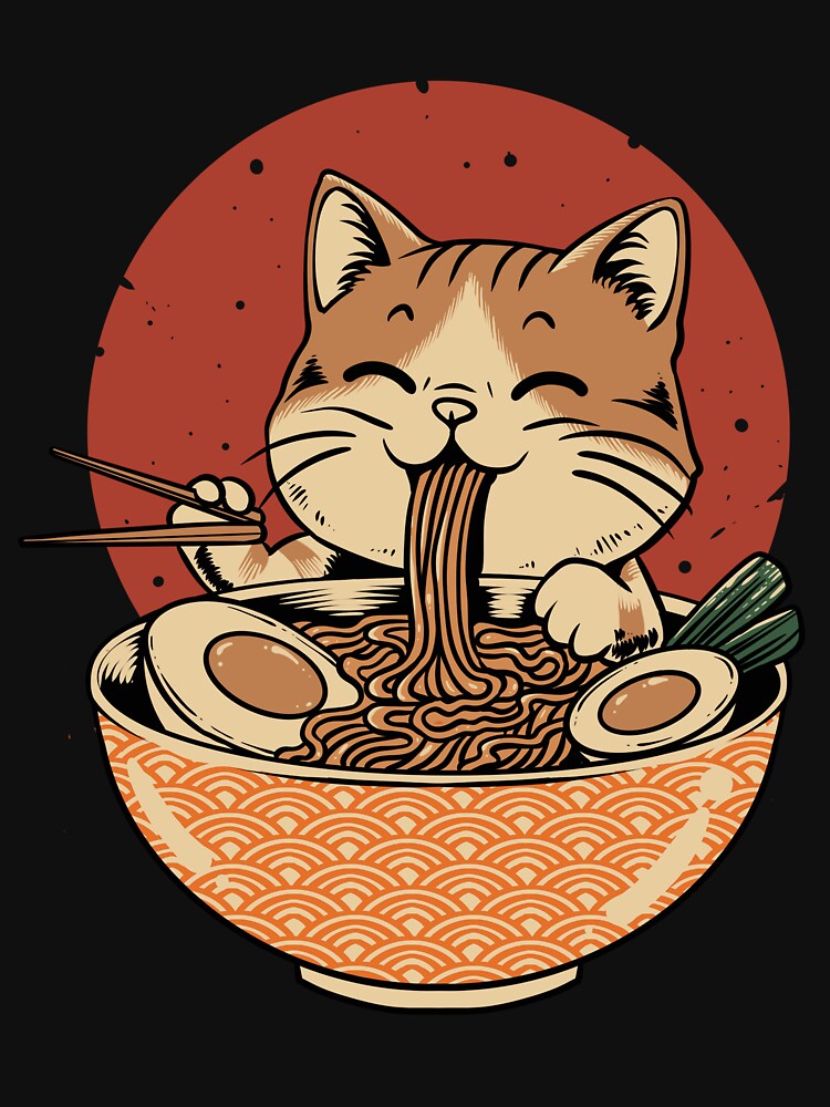 Cute Cat Eating Ramen Funny Japanese Noodle Lover Kawaii Anime Style T-Shirt by phsycartwork
