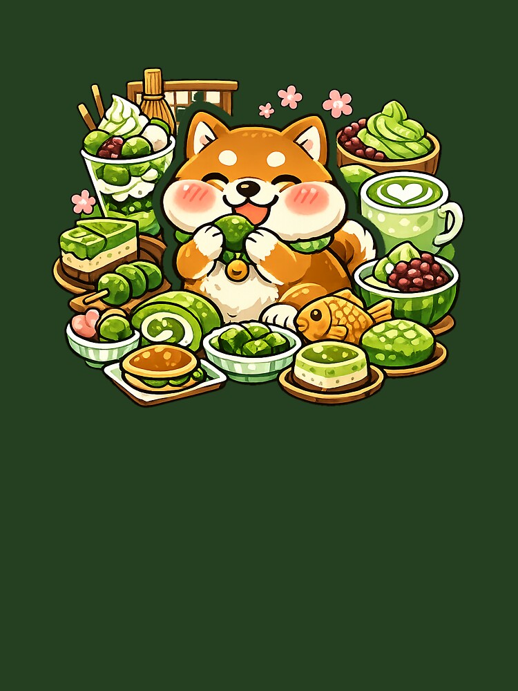Kawaii Shiba Inu Surrounded by Matcha Sweets Sticker | Kyoto Japanese Cafe Aesthetic by kawaii animal store (in Japan)