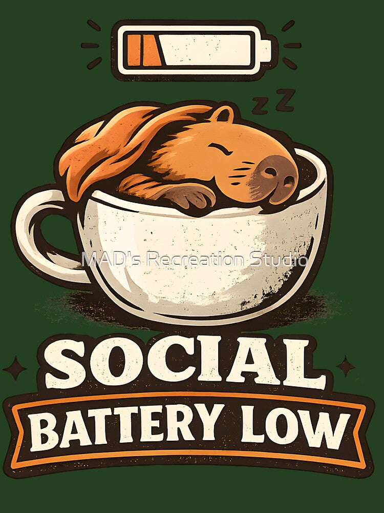 Social Battery Low Capybara Coffee Mug Shirt  Funny Introvert Humor Retro T-Shirt by  MAD's Recreation Studio