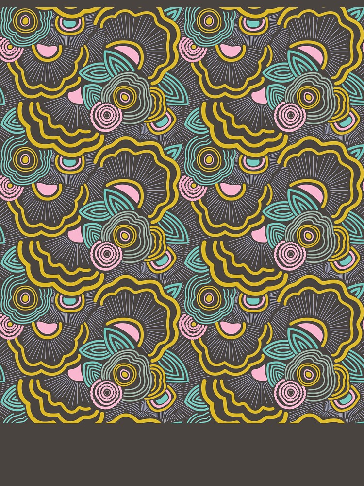 Seamless pattern with abstract hand-drawn boho flowers, leaves, and wavy lines in pastel colors on a white background. by maewjpho