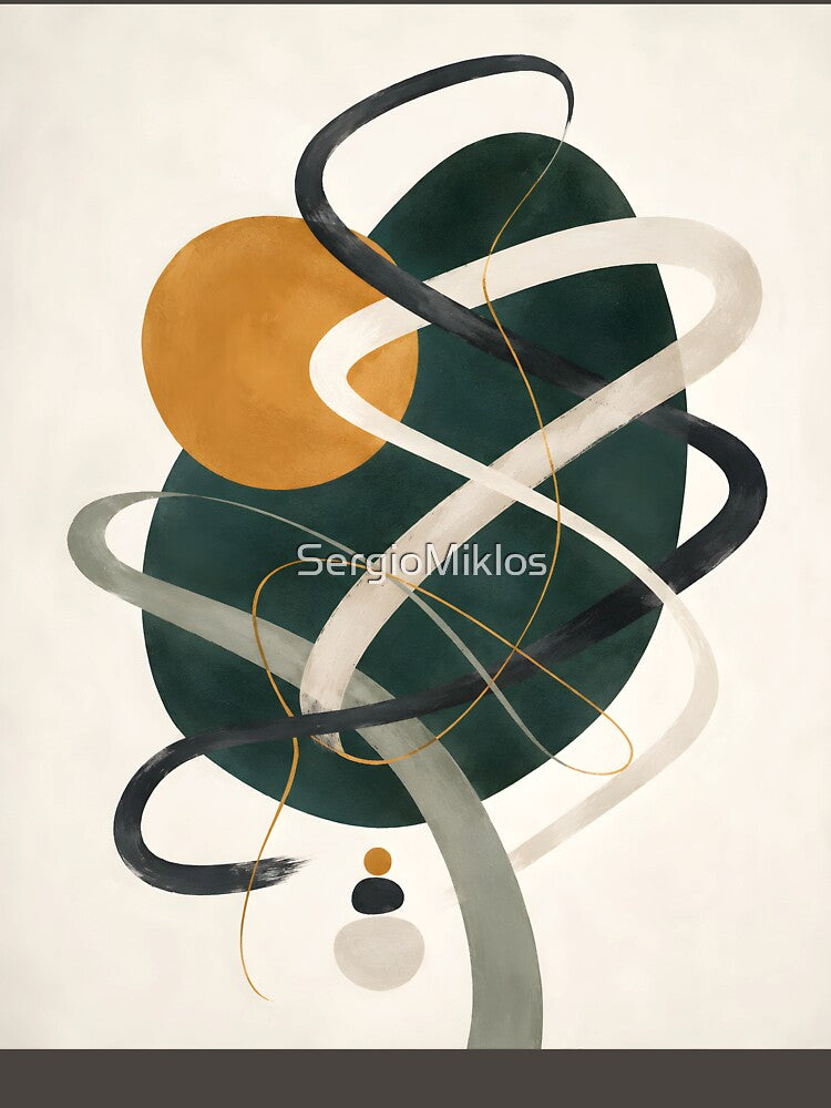 Minimalist Forest Green and Ochre Abstract Canvas Print | Swirling Ribbon Geometric Wall Art | Modern Earth Tone Acrylic Artwork | Japandi & Mid Century Wall Poster by SergioMiklos