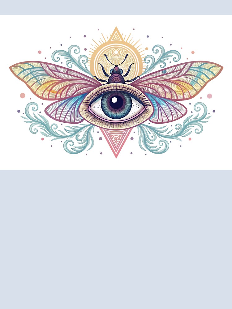 Eye with insect wings, surreal psychedelic chalk tattoo illustration by elkuni