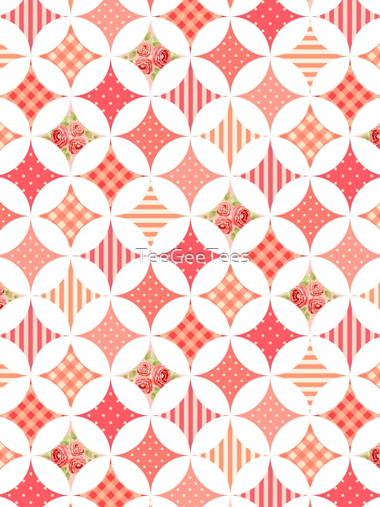 Floral, Stripe and Spots on Pink Red Circle & Diamond Pattern by TeeGeeTees