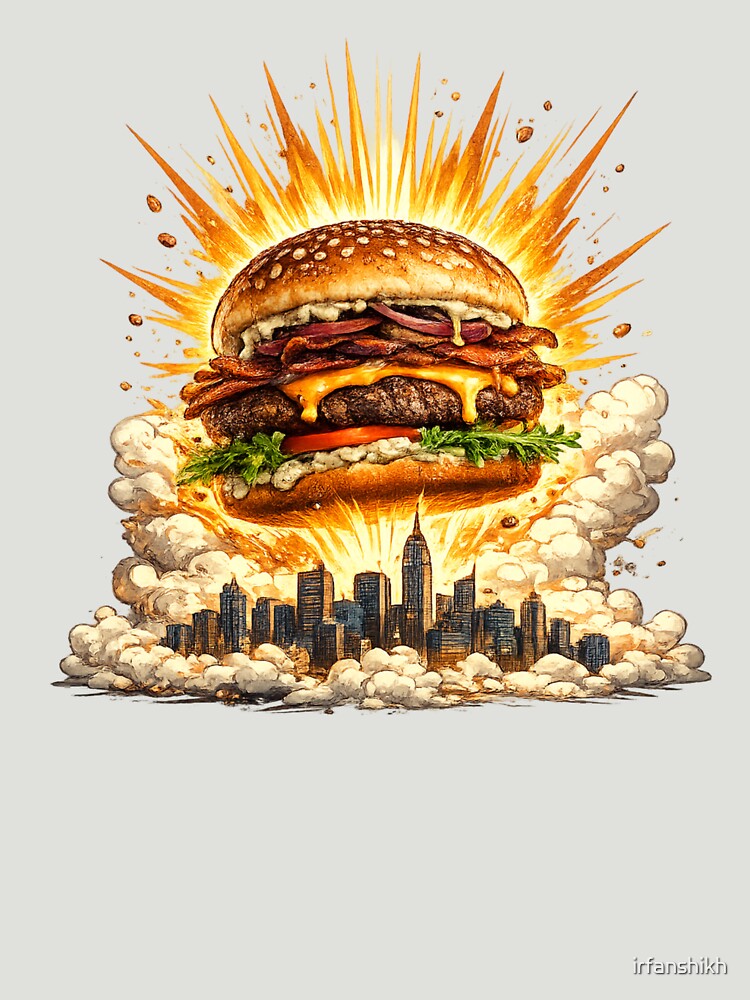Burger Apocalypse NYC: Mushroom Cloud Explosion Skyline Comedy Extreme by irfanshikh