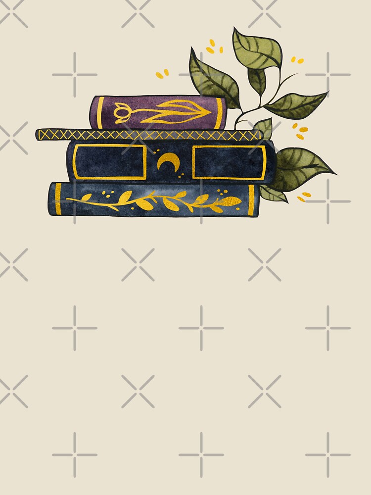 Dark book stack with gold details and leaves by Ellen Wilberg