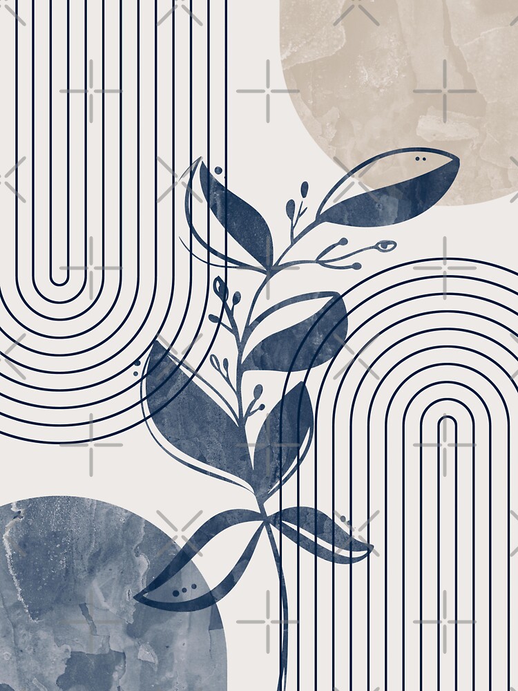 Mid-century modern botanical, lines and shapes in blue and beige B by ArticraftShop