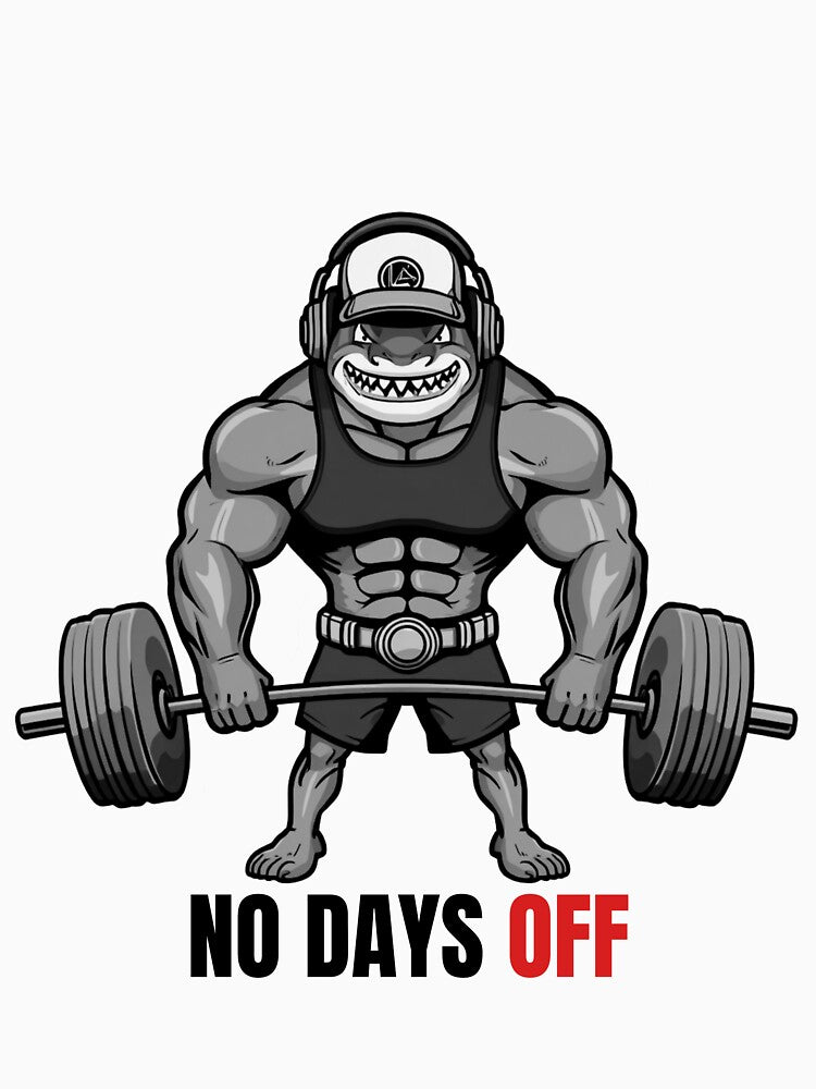 No days OFF - Buff Shark Workout Motivation – Funny Gym Cat Workout Design by Iron Mind Club