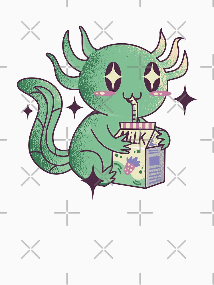 Kawaii Axolotl drinking Strawberry milk - bubble tea by Paperfly Studio