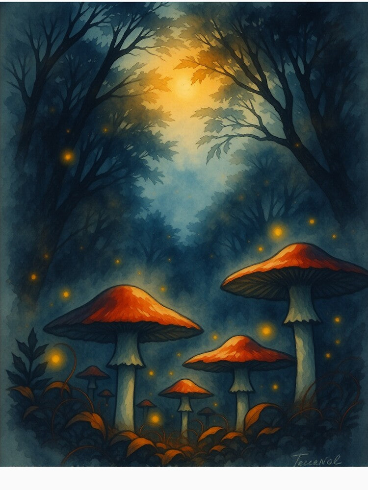 Enchanted Red Mushrooms – Mystical Moonlit Forest Art by The Rogue Mark