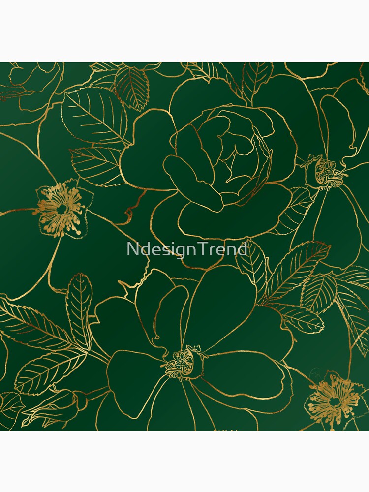 Elegant Green Gold Roses Floral Line Drawing by NdesignTrend
