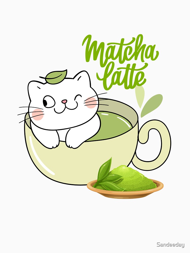 Matcha latte cup and cute cat by Sandeeday